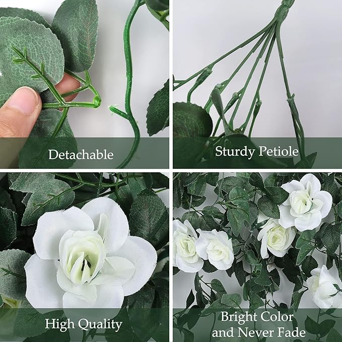 RECUTMS Artificial Rose Vine Plants Hanging 4Pieces 3.3Ft,Fake Light up Vines with 30 LED Lights Decor for Home, Office,Room, Door, Garden,Porch, Wedding Decoration (White)