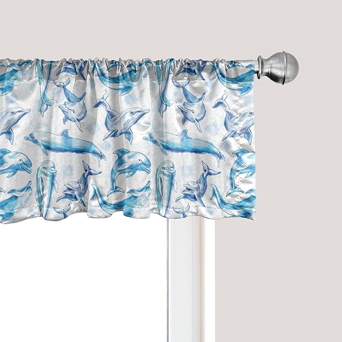 Ambesonne Sea Animals Window Valance, Sketch of Bottlenose Dolphins Playing Laughing in The Ocean Sea Life Print, Curtain Valance for Kitchen Bedroom Decor with Rod Pocket, 54" X 12", Turquoise White