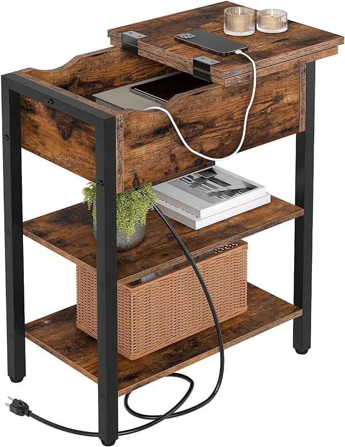 HOOBRO End Table with Charging Station, Narrow Side Table, Flip Top Nightstand with USB Ports and Outlets, Bedside Tables with Shelf for Small Spaces, Living Room, Rustic Brown BF341BZ01