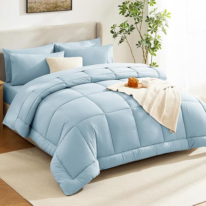 CozyLux Queen Comforter Set Light Blue, 7 Pieces Bed in a Bag, Blue Comforter Queen Size, All Season Bedding Sets with Stitch Quilted Comforter, Flat Sheet, Fitted Sheet, Pillowcases