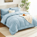 CozyLux King Size Comforter Set Light Blue, 7 Pieces Bed in a Bag, Blue Comforter King Size, All Season Bedding Sets with Stitch Quilted Comforter, Flat Sheet, Fitted Sheet, Pillowcases