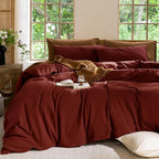 MooMee Bedding Duvet Cover Set 100% Washed Cotton Linen Like Textured Breathable Durable Soft Comfy (Solid Fired Brick Red, Oversized Queen 98"x98")