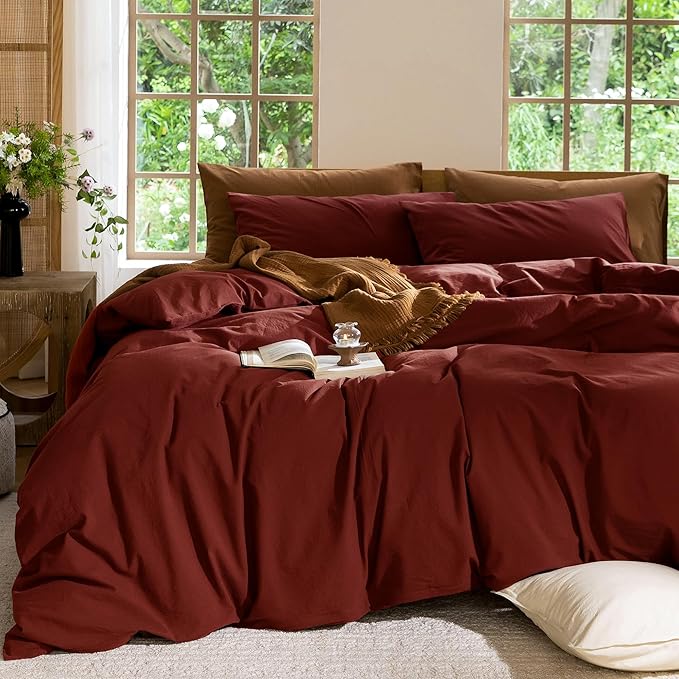 MooMee Bedding Duvet Cover Set 100% Washed Cotton Linen Like Textured Breathable Durable Soft Comfy (Solid Fired Brick Red, Cal King 104"x98")
