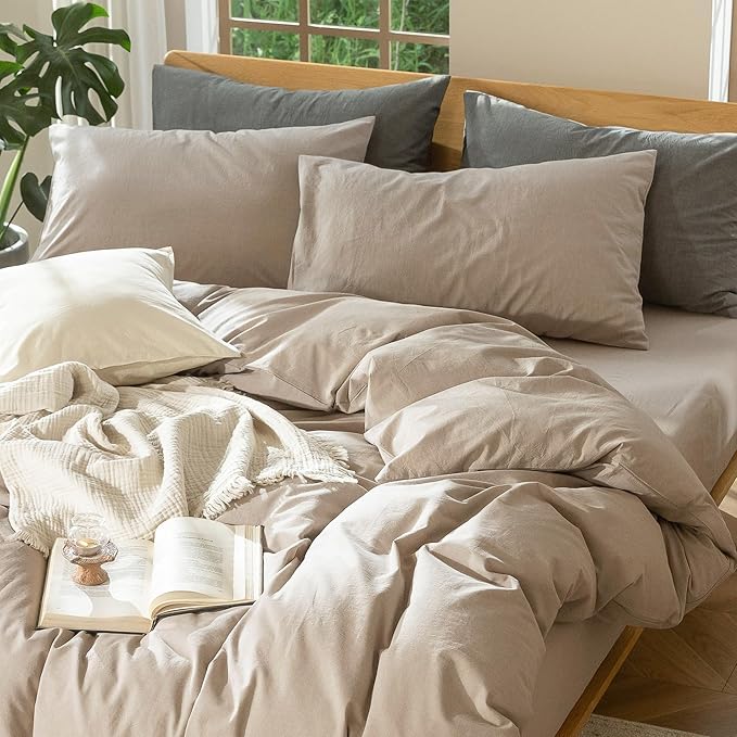 MooMee Bedding Duvet Cover Set 100% Washed Cotton Linen Like Textured Breathable Durable Soft Comfy (Heathered Taupe, Palatial King/Oversized King 120"x98")