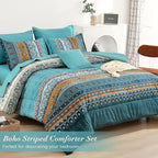 Cottolester Boho Queen Comforter Set 8 Pieces,Teal and Yellow Bohemian Comforter Paisley Striped Bed in A Bag,Soft Microfiber Bedding Set for All Season