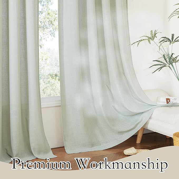 RYB HOME Natural Linen Curtains 72 inch Length for Living Room Bedroom, Light Filtering Sun Protection Privacy Assured Breathable Burlap for Home Office, W 52 x L 72 inch, 2 Pcs, Sage Green