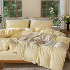 MooMee Bedding Duvet Cover Set 100% Washed Cotton Linen Like Textured Breathable Durable Soft Comfy (Heathered Butter Yellow, Queen 90"x90")
