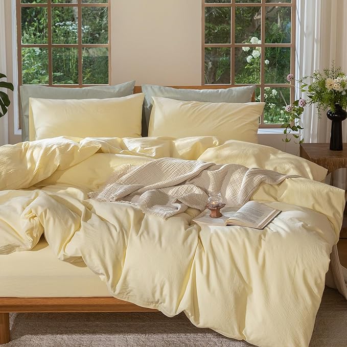 MooMee Bedding Duvet Cover Set 100% Washed Cotton Linen Like Textured Breathable Durable Soft Comfy (Heathered Butter Yellow, Palatial King/Oversized King 120"x98")