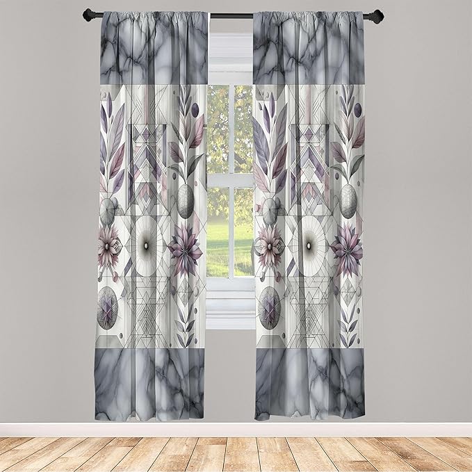 Ambesonne Geometric Floral Window Curtains Pack of 2, Classic Marble Print Ornate Leafy Flowers and Futurist Stripes, Lightweight Set with Rod Pocket, 4 Panels of - 28" x 84", Ceil Blue Laurel Green