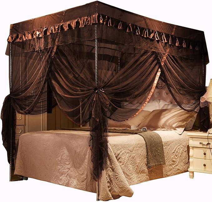 Mengersi 4 Corners Post Canopy Bed Curtains Canopy for Bed King Size - Royal Luxurious Mosquito Net Bedroom Decor (King, Coffee)