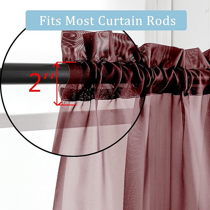 OWENIE Sheer Curtains, 45" Long Light Filtering Tiers for Kitchen, Bedroom, 2 Panels, Cafe Curtains for Small Window, 42" W x 45" L, Burgundy