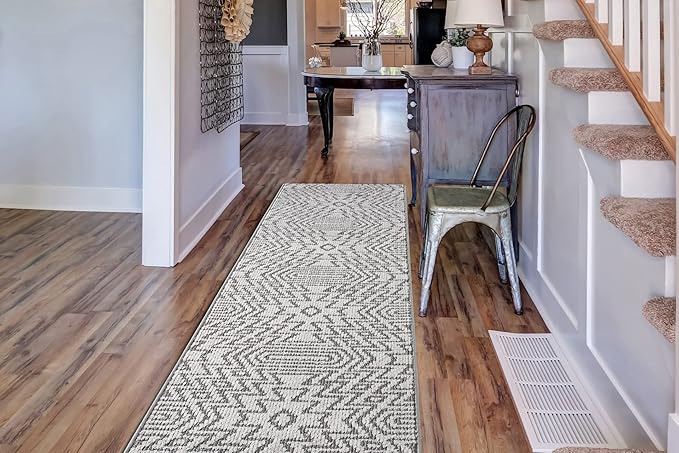 Custom Size Southwestern Style Runner Rug Mat for Wide Hallway Entryway Kitchen Laundry Room with Slip Resistant Latex Rubber Backing, Inca Grey, 31 inch X 12 feet