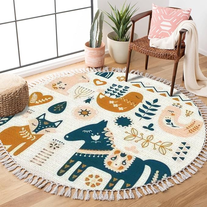 Round Rugs Composition Folk Art Animals Decorative Elements Hand Drawn Boho Area Rug Linen and Cotton Carpet Meditation Rug Washable Hallway Runner Mat Accent Rug for Bedroom Bathroom 4ft