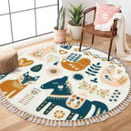 Round Rugs Composition Folk Art Animals Decorative Elements Hand Drawn Boho Area Rug Linen and Cotton Carpet Meditation Rug Washable Hallway Runner Mat Accent Rug for Bedroom Bathroom 6ft
