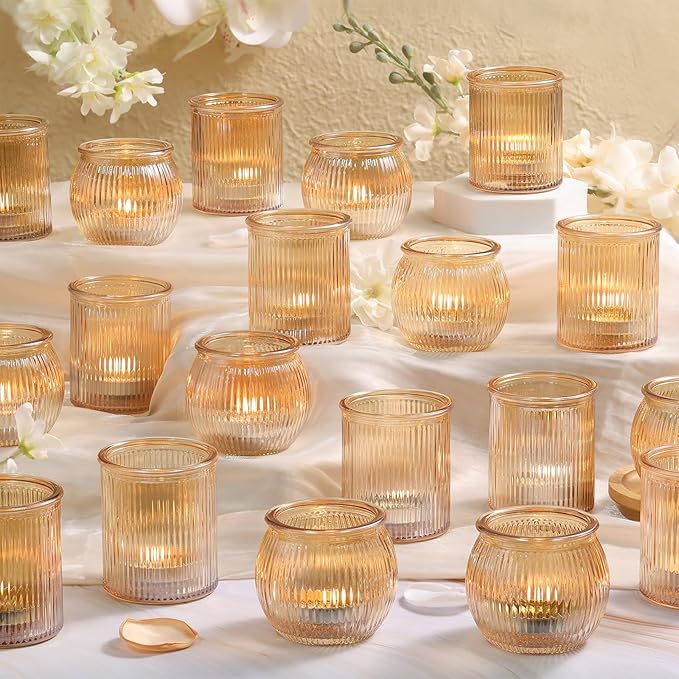 24pcs Ribbed Assorted Gold Votive Candle Holders for Table Centerpiece, Tea Lights Candle Holder Glass, Gold Candle Holders for Wedding Table Decor, Party and Holiday Decorations
