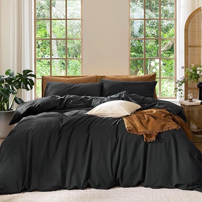 MooMee Bedding Duvet Cover Set 100% Washed Cotton Linen Like Textured Breathable Durable Soft Comfy (Solid Black, Queen 90"x90")