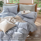 MooMee Bedding Duvet Cover Set 100% Washed Cotton Linen Like Textured Breathable Durable Soft Comfy (Heathered Cornflower Blue, Alaska King 132"x120")