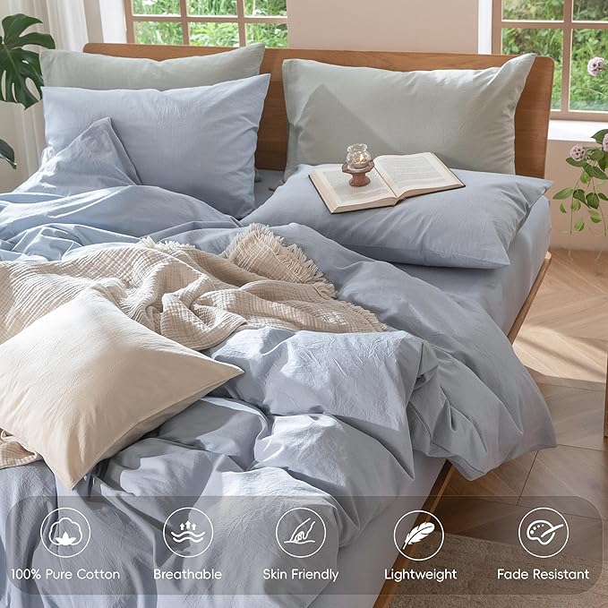 MooMee Bedding Duvet Cover Set 100% Washed Cotton Linen Like Textured Breathable Durable Soft Comfy (Heathered Cornflower Blue, Oversized Queen 98"x98")
