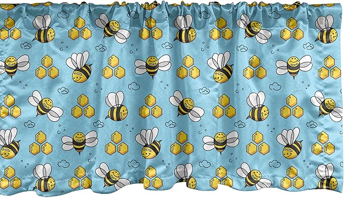 Ambesonne Cartoon Window Valance, Summer Style Funny Demonstration of Happy Flying Characters and Hexagon Comb, Curtain Valance for Kitchen Bedroom Decor with Rod Pocket, 54" X 12", Sky Blue Mustard