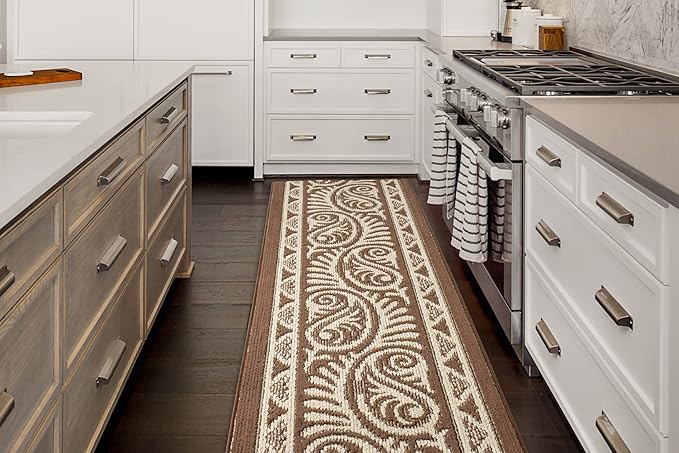Custom Length Cut to Size Tribal Ethnic Southwestern Inspired Hallway Runner Rug, Non Slip Rubber Backed, 31 inch Wide X Customized Length, Mayan Brown, 31 inch X 9 feet
