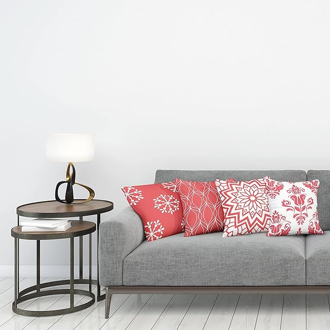 Ambesonne Retro Throw Pillow Cushion Case Pack of 4, Trellis Grid Medieval Floral Damask Mandala Flower Ornament in Modern Monochrome, Modern Accent Double-Sided Digital Printing, 16", Dark Coral