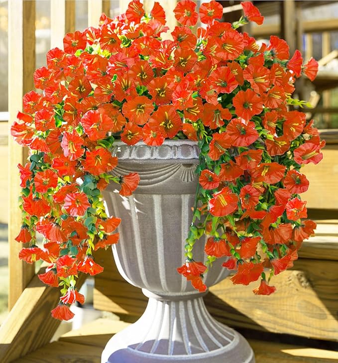6-Pack Outdoor Faux Plants, 69-Flowered Large Morning Glory, Uv-Resistant Artificial Morning Glory,Perfect for Outdoor Decoration in All Seasons Such as Porches and Gardens (Orange)