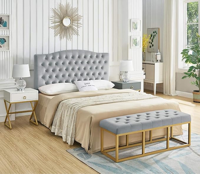 24KF Upholstered Tufted Button Velvet Headboard,Comfortable Fashional Headboard Queen/Full Size, Gray