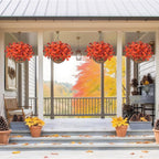Artificial Hanging Flowers Plants Basket for Outdoors Fall Decorations, 12 Pcs UV Resistant Faux Morning Glory Fake Petunias with Hanging Planter for Home Porch Balcony Decor (Orange Red)