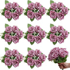 Purple Roses Artificial Flowers - 8 Bundles Fake Silk Rose Flower Realistic Faux Florals Bulk for Wedding Bridal Party Baby Shower Event Home Arrangements Centerpieces Decor (Dusty Purple)