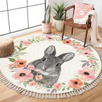 Woodland Animals Round Rugs Flower Crown Rabbit Barn Animal Boho Area Rug in Pastel Color Linen and Cotton Carpet Nursery Rug Washable Hallway Runner Mat Accent Rug for Bedroom Powder Room 4ft