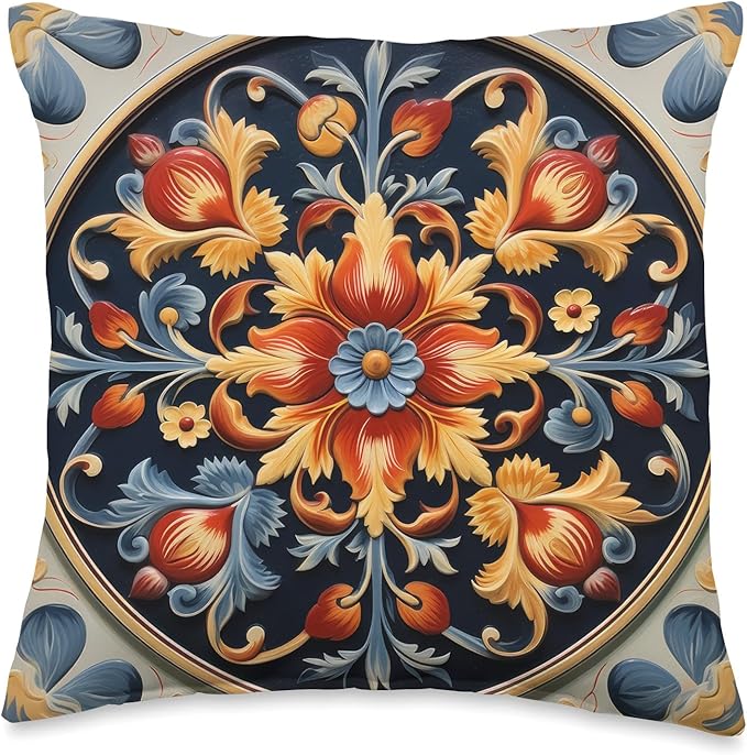 Traditional Norwegian Rosemaling Folk Art Throw Pillow