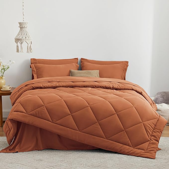 Love's cabin Full Comforter Set Terracotta, 7 Pieces Full Bed in a Bag, All Season Bedding Sets with 1 Comforter, 1 Flat Sheet, 1 Fitted Sheet, 2 Pillowcase and 2 Pillow Sham
