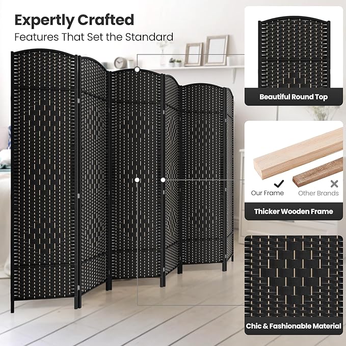 6 Panel Room Divider,6Ft Folding Privacy Screen,Tall - Extra Wide Foldable Panel Partition Wall Divider with Diamond Double-Weaved Hand-Woven Design Room Screen Divider