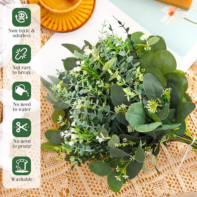 250 Pcs Artificial Eucalyptus Leaves Stem Bulk Fake Greenery Faux UV Resistant Sprays Silver Dollar Eucalyptus for DIY Wedding Bouquet Vase Floral Arrangement Decor (Green,15 Kinds)