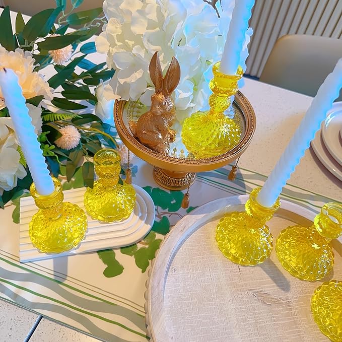 Glass Candlestick Holder,Striped Taper Candle Holders,Set of 6 Candle Stand for Table Centerpieces, Home Decor,Weddings,Festival and Parties (Yellow Dimond)