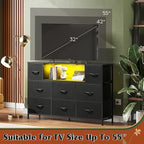 WLIVE Black TV Stand for 45, 50, 55 inch TV, Entertainment Center with LED Lights & Charging Station, TV Media Console Table with 8 Fabric Drawers and Open Shelves for Living Room, Hallway, Wood Top