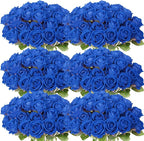 52 PCS Blue Artificial Roses Bulk, Fake Artificial Flowers Bridal Bouquet Silk Faux Rose with Stems for Wedding Flowers Decoration, Valentine's Day, Bridal Bouquet, Anniversary, Home Decor (52PCS)