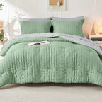 HYMOKEGE Sage Green/Light Grey King Size Comforter Set Seersucker 7 Pieces, All Season Luxury Bed in a Bag for Bedroom, Bedding Set with Comforter, Sheets, Pillowcases & Shams