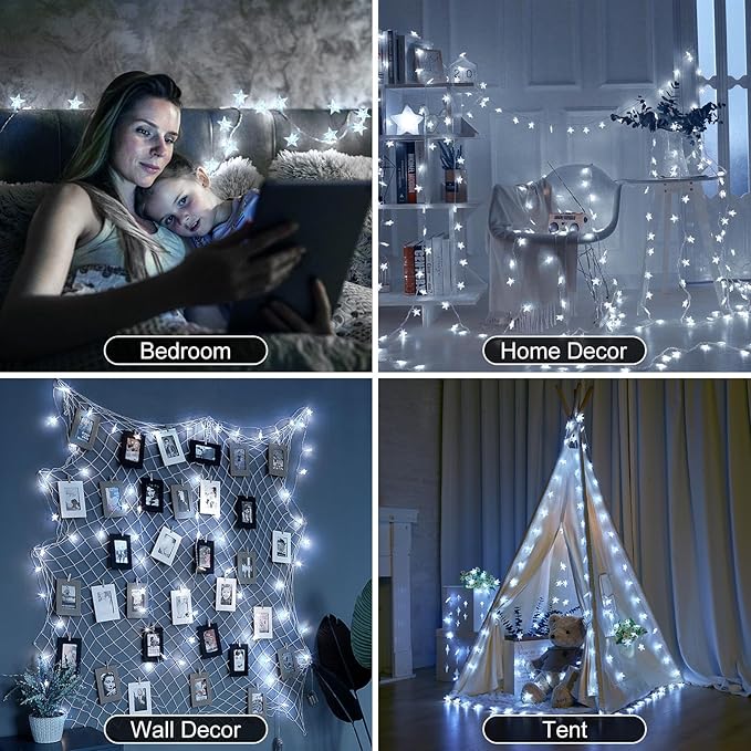 Brightown Star String Lights Battery Operated - 2 Pack 17 ft 50 LED Star Fairy String Lights with Remote and Timer, 8 Modes Waterproof for Bedroom Tent Loft Bed Patio Party Wedding Decor, White