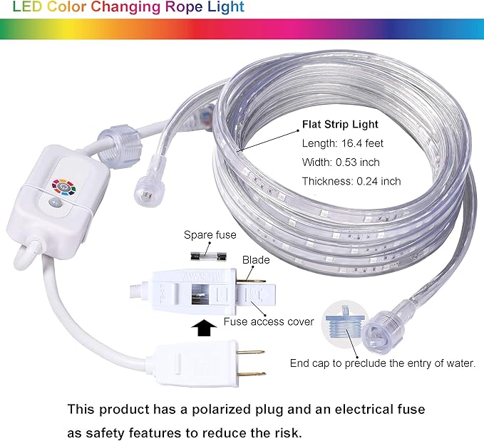 33ft Flat Flexible LED Rope Lights, Color Changing RGB Strip Light with Remote Control, 8 Colors Multiple Modes, Plug in Novelty Light, Connectable and Waterproof for Home Kitchen Indoor Outdoor Use…