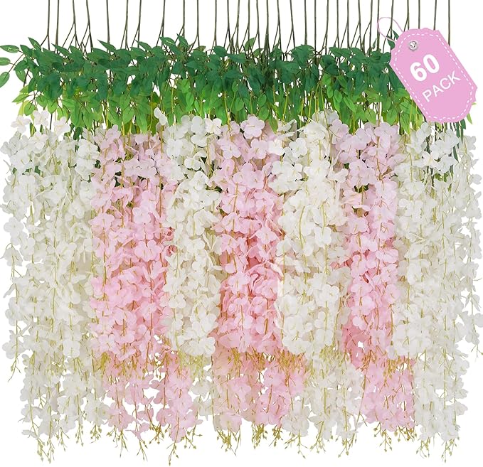 60 Pack White Pink Wisteria Hanging Flowers, Fake Hanging Flowers for Decoration, Artificial Flowers,Vines for Bedroom,Flower Garland for Home,Party,Garden, Wall,Wedding Decoration(3.6 Ft/Pcs)