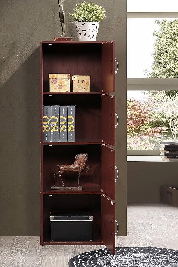 HODEDAH IMPORT 4-Shelf Bookcase Cabinet, Mahogany