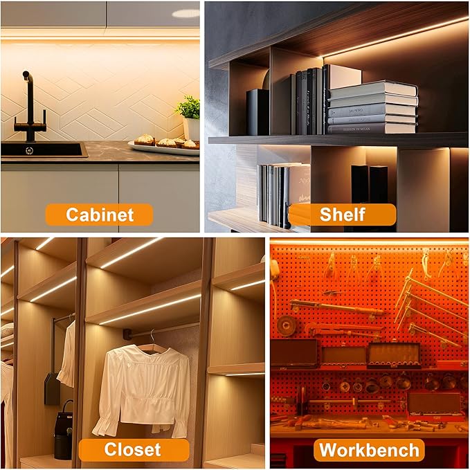 maylit Under Cabinet Strip Lighting Plug in 24in, Ultra Bright Small LED Light Bar, 2700K Warm White, Wired Lights for Kitchen Cabinet, Counter, Workbench, Desk, Closet, Shelf, Indoor