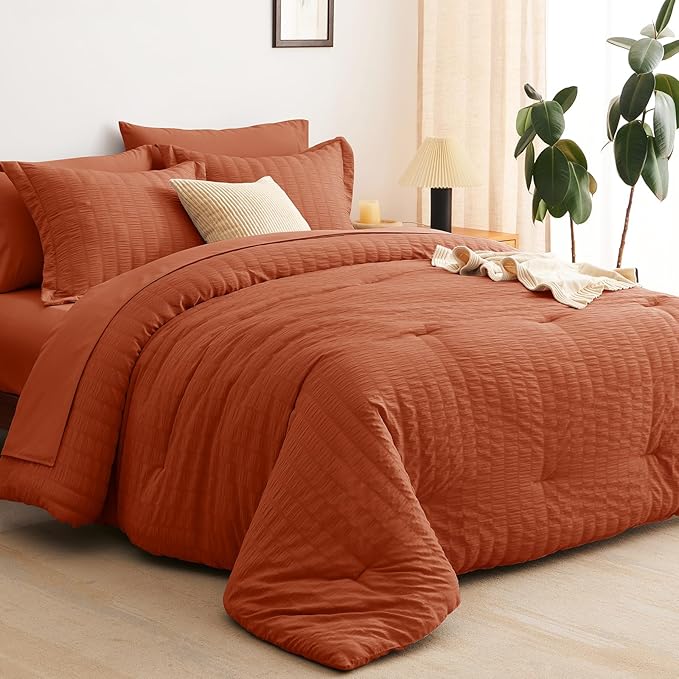 CozyLux Queen Comforter Set Burnt Orange Seersucker 7 Pieces Bed in a Bag Queen Comforter Set with Sheets Terracotta Luxury Bedding Set with Down Alternative Comforter, Sheets, Pillowcases & Shams