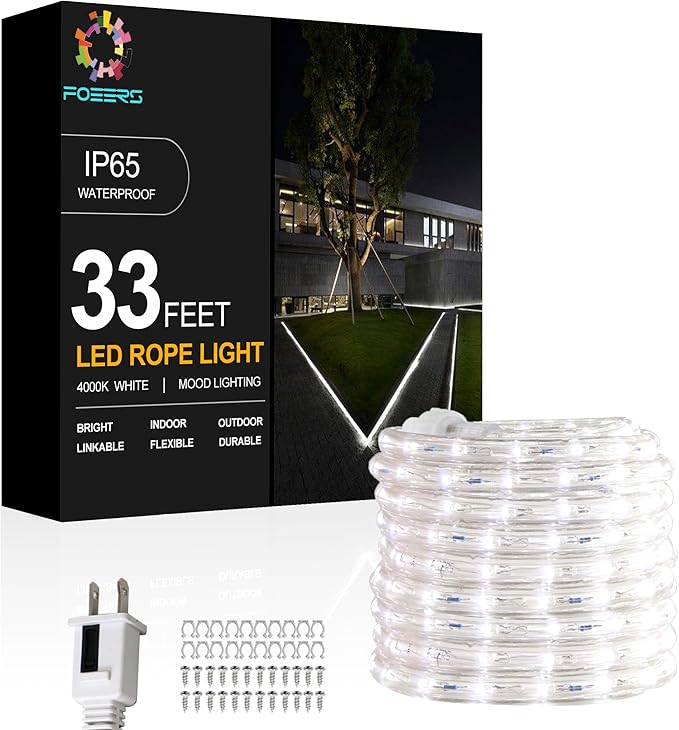 33FT White LED Rope Lights Outdoor,Flexible Tube Rope Lights Plug in,Connecting Rope Lights for Deck,Patio,Camping,Porch,Christmas Holiday Decoration