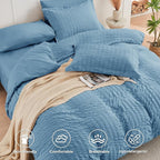 HYMOKEGE Mineral Blue King Size Comforter Set Seersucker 7 Pieces, All Season Luxury Bed in a Bag for Bedroom, Bedding Set with Comforter, Sheets, Pillowcases & Shams