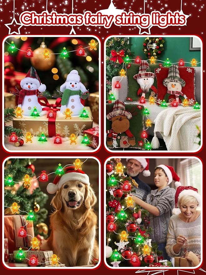 Christmas Fairy Lights Battery Operated with Remote, 10FT 30 LED Gingerbread Man Christmas Tree Lucky Bag String Lights with 8 Modes & Timer, Twinkle Lights for Outdoor Indoor Party Xmas Decorations