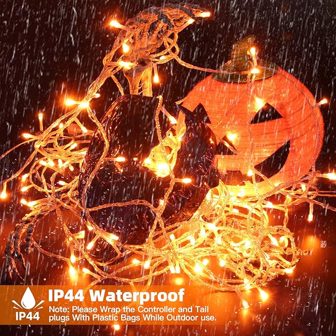 66Ft 200LED Orange and Purple Christmas Halloween Lights Plug in,Waterproof Halloween String Light,8 Modes Indoor Outdoor for Tree Party Bedroom Garden Decor (Clear Wire)
