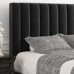 Allewie King Bed Frame/Velvet Upholstered Bed Frame with Vertical Channel Tufted Headboard/Strong Wooden Slats/Platform Bed Frame/Mattress Foundation/Box Spring Optional/Easy Assembly/Black