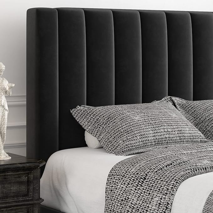 Allewie Queen Bed Frame/Velvet Upholstered Bed Frame with Vertical Channel Tufted Headboard/Strong Wooden Slats/Platform Bed Frame/Mattress Foundation/Box Spring Optional/Easy Assembly/Black